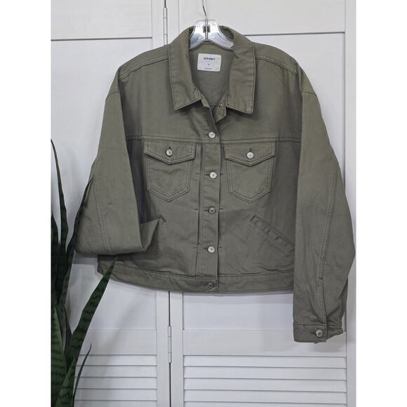 Old Navy Sage Green Button Front Collard Denim Crop Trucker Jacket Size XL - Picture 1 of 7